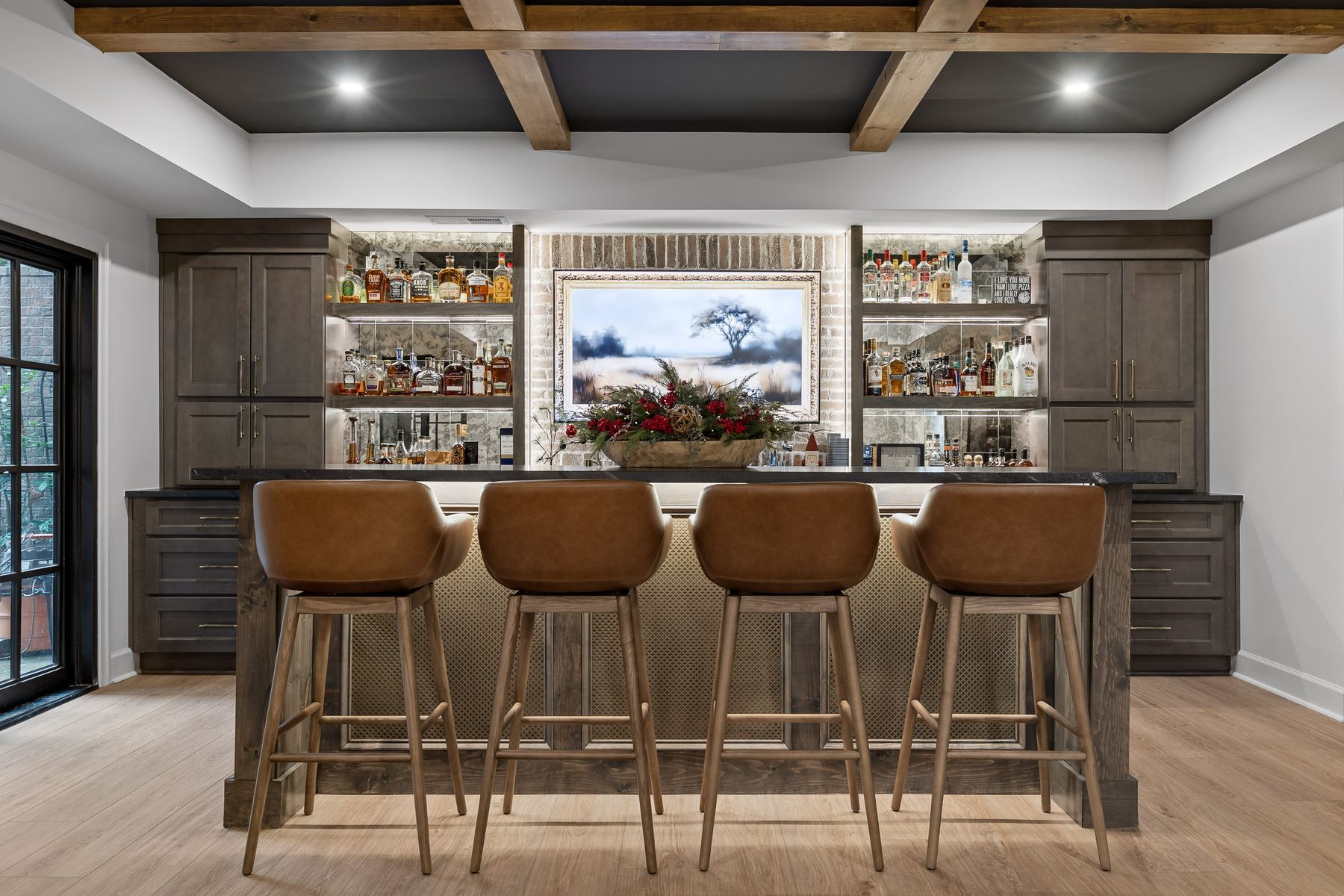 128 Olde Heritage bar cabinetry and LED liquor shelves