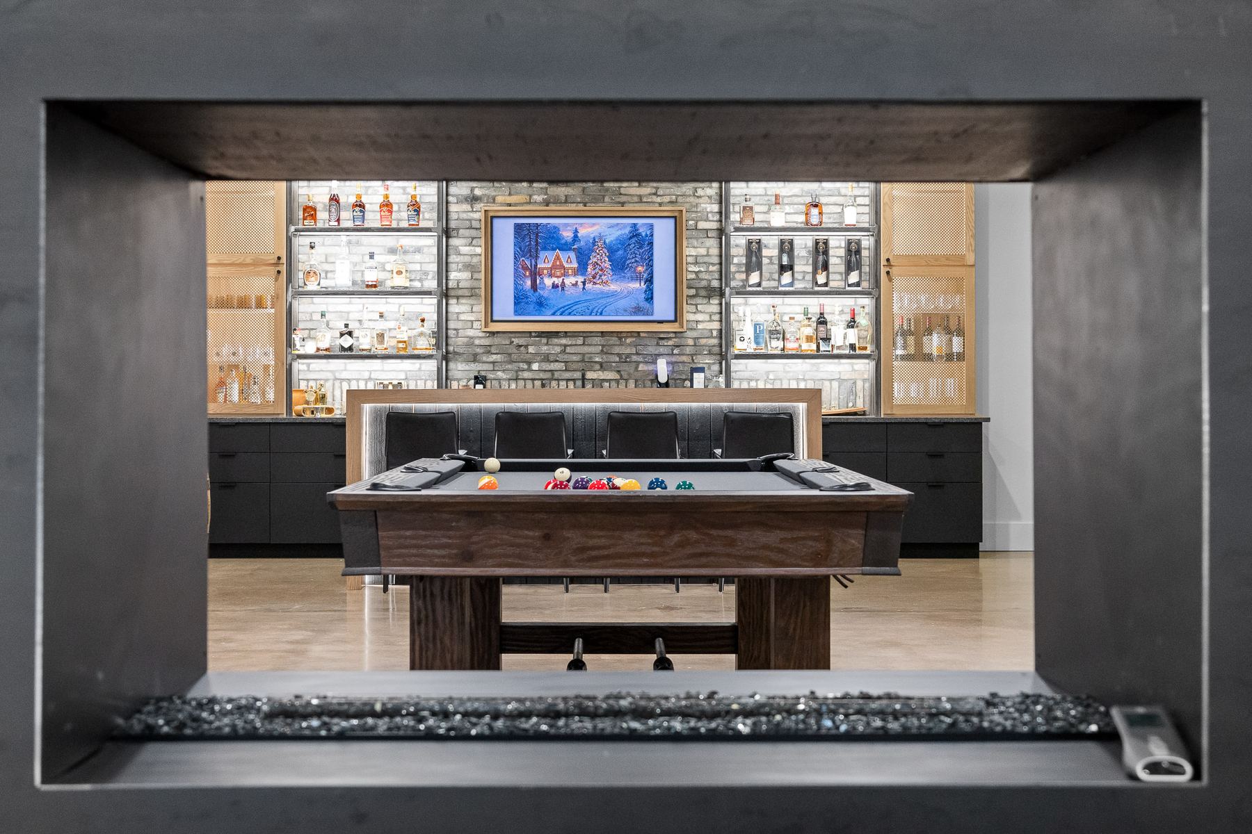 Billiards room whiskey bar fireplace Atlanta