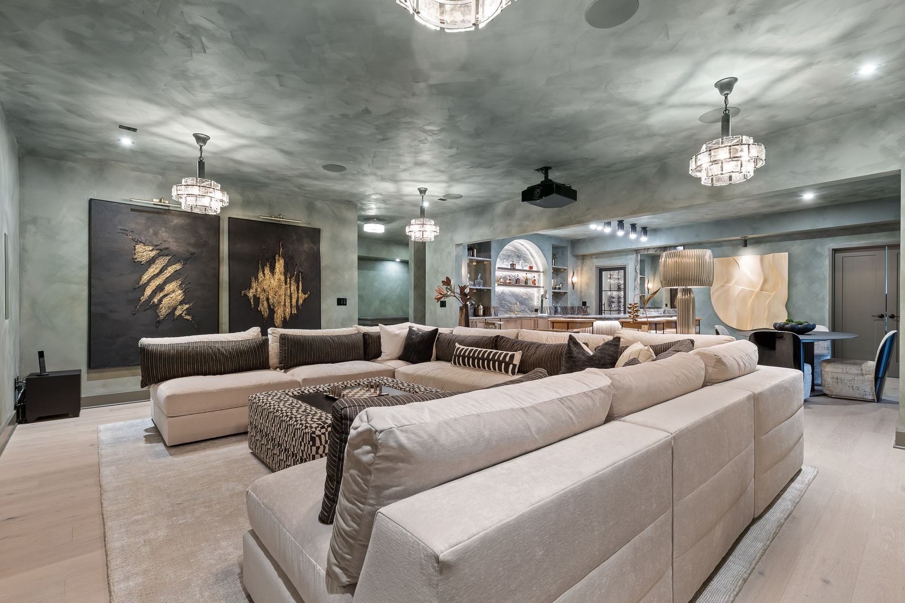 4905 Northway bar island with venetian plaster ceiling and barn door